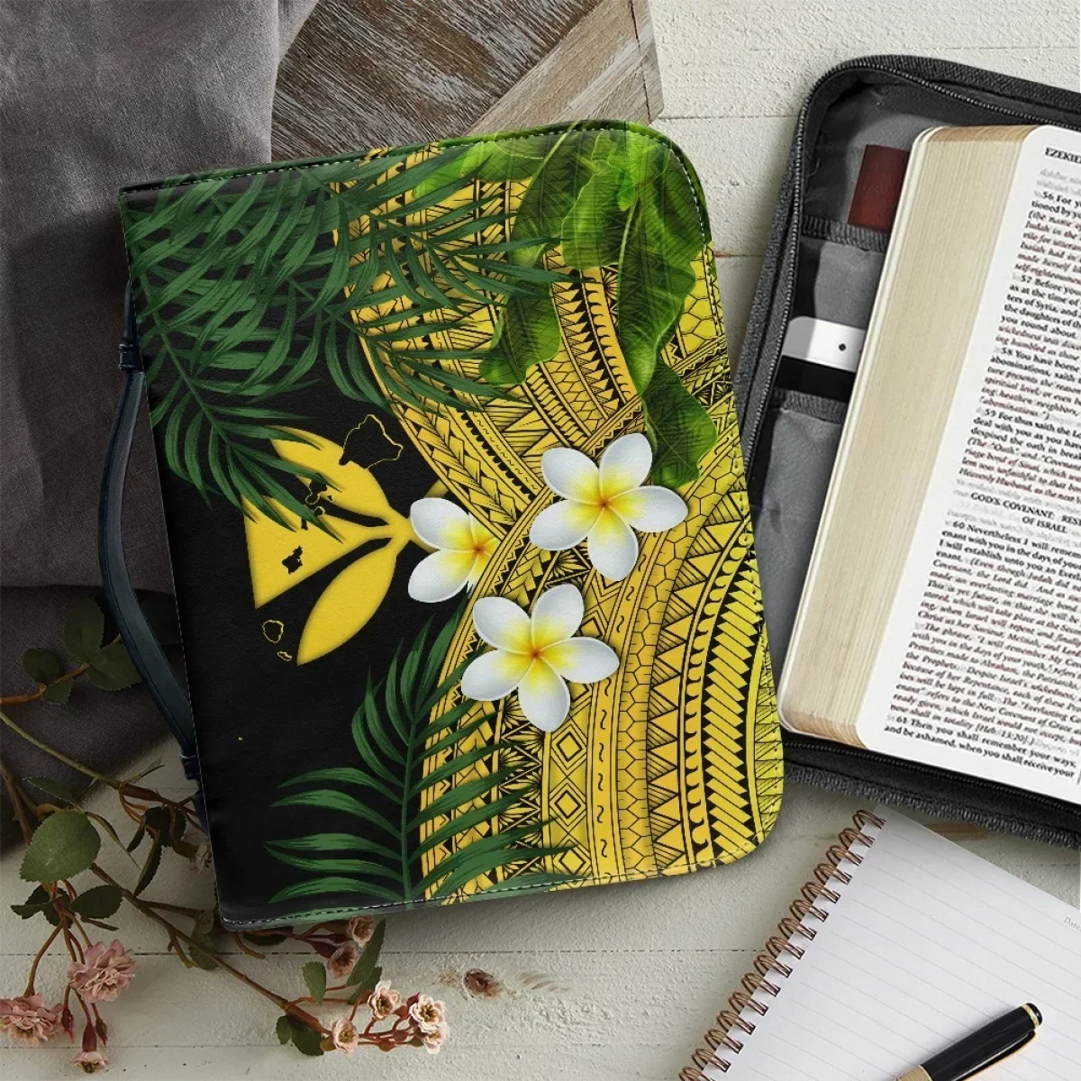 

Women's Handbags Leather Bible Bag Hot Polynesian Style Frangipani Pattern Print Bible Cover Case Practical Bible Storage Bags