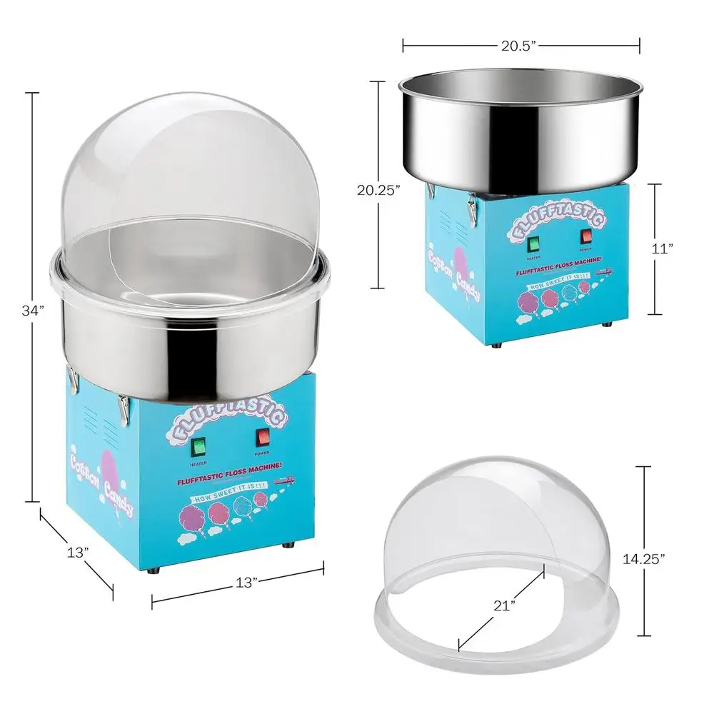 Cotton Candy Machine 1000W Flufftastic Floss Maker Stainless Steel Bowl Dome Clear Cover Parties Events