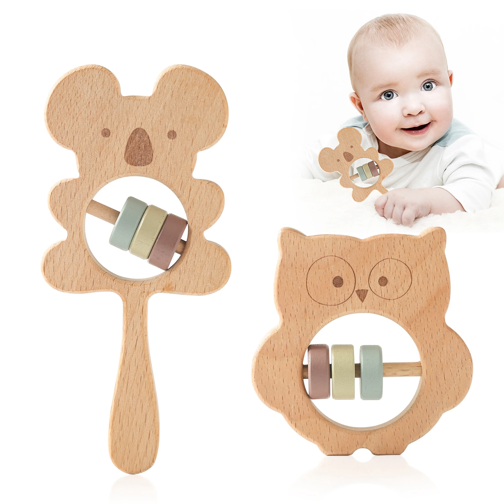 Baby Rattles Wooden Animal Koala Owl Newborn Educational  Musical Baby toys 0 12 months