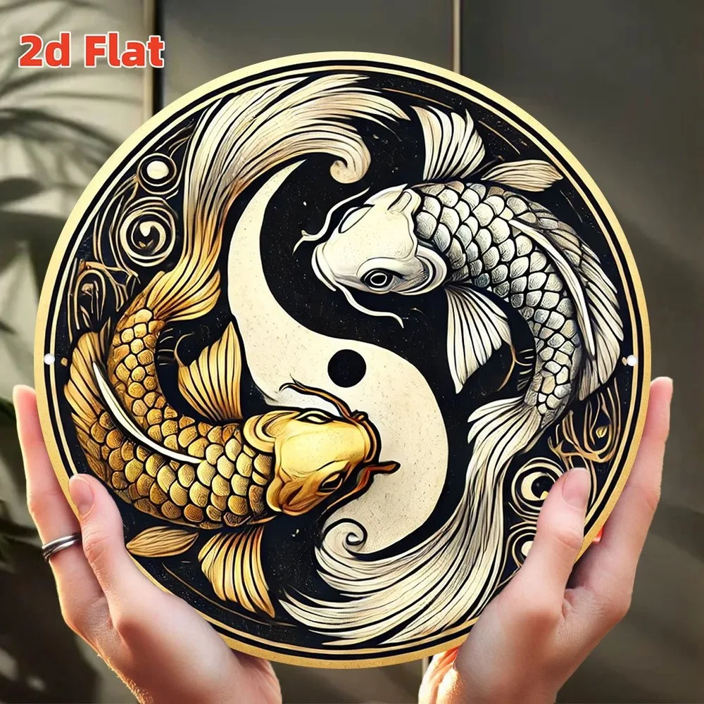 Vintage Yin Yang Tai Chi Metall-Wandkunst – 7,8 Zoll großes Gold-Schwarz-Weiß-Dekor