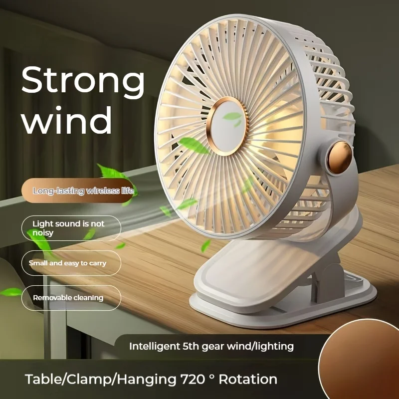 

360 ° Вращающийся портативный настольный вентилятор с зажимом, 5-скоростная зарядка через USB, тихая работа со светодиодной подсветкой, домашний вентилятор с зажимом