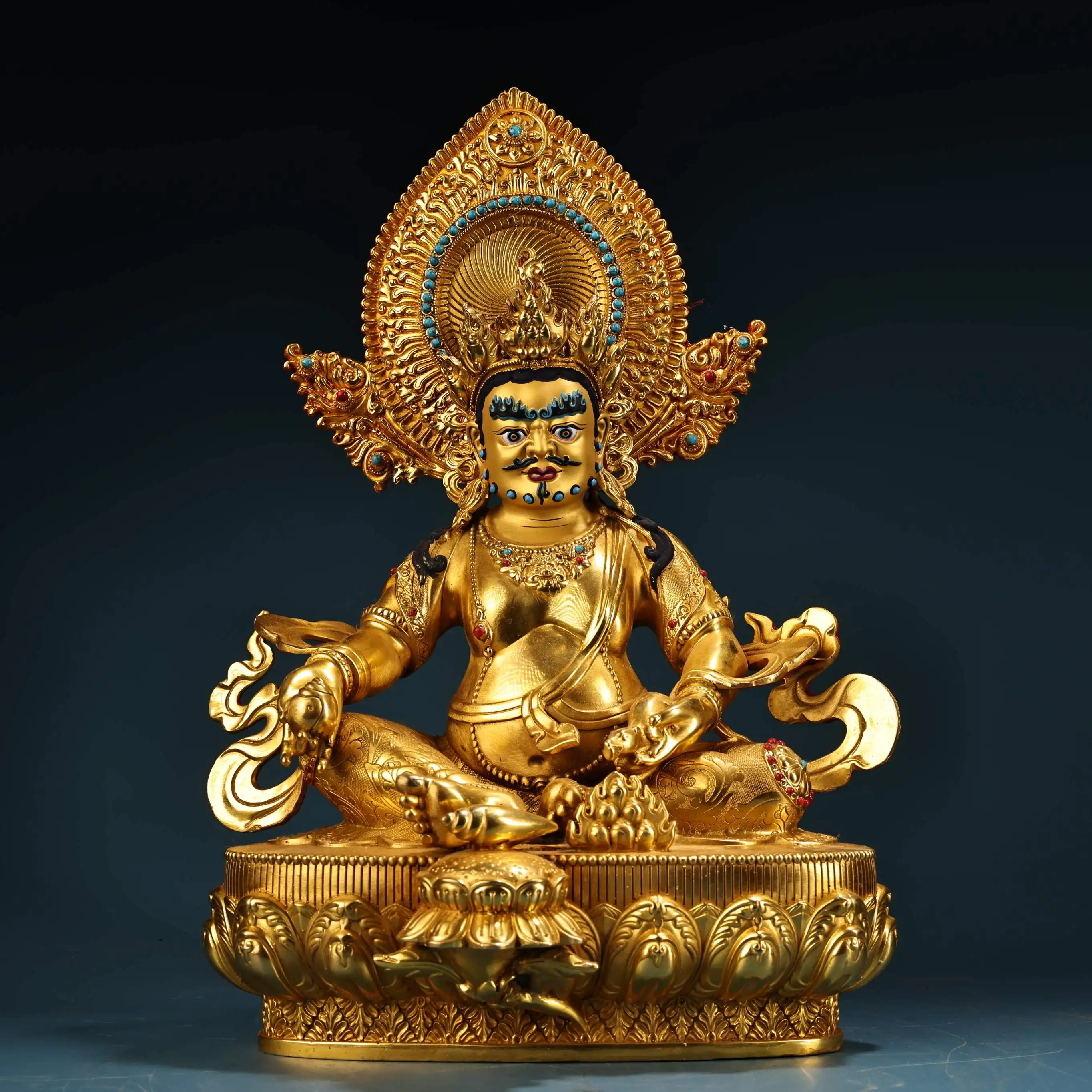 

16"Tibetan Temple Collection Old Bronze Gilded Painted Face Mosaic Gem Yellow Jambhala Sitting Buddha Lotus Terrace Worship Hall