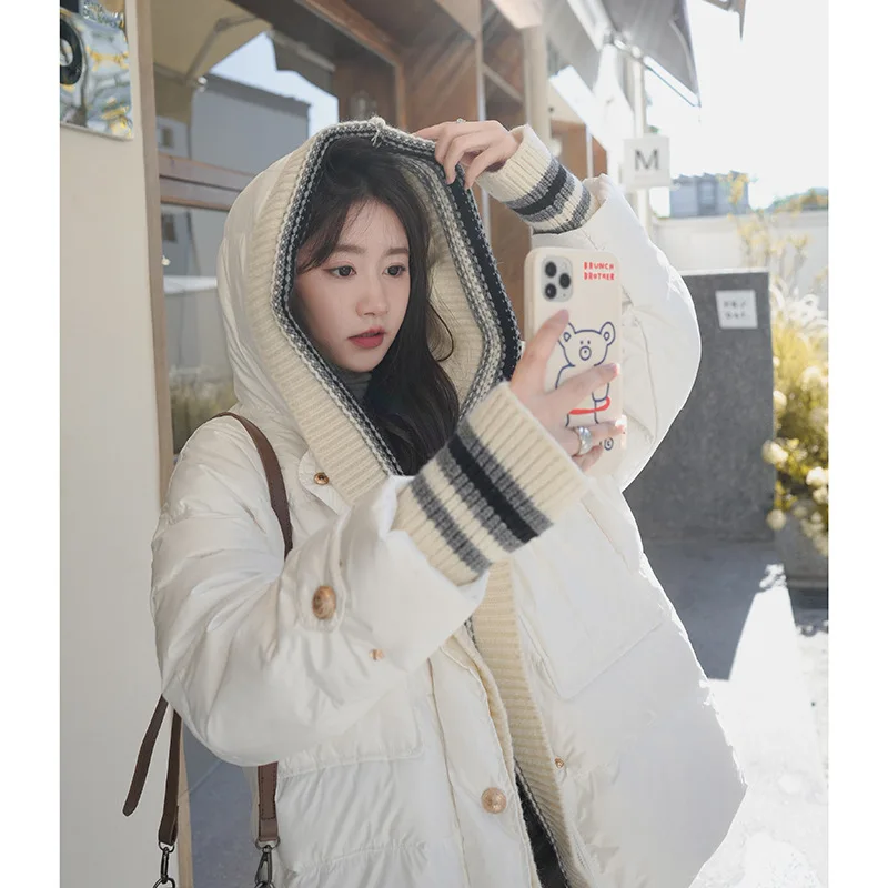 Beige Knitted Splicing Hooded Down Jacket Women Winter 2025 New Korean Style Design Sense 90 White Duck Down Coat