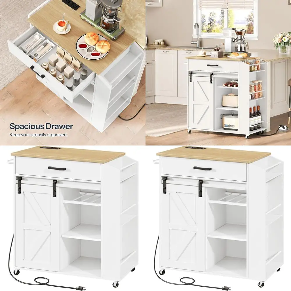 

Мобильная кухонная тележка-остров с розеткой, местом для хранения, раздвижной дверцей и полкой для специй, белая