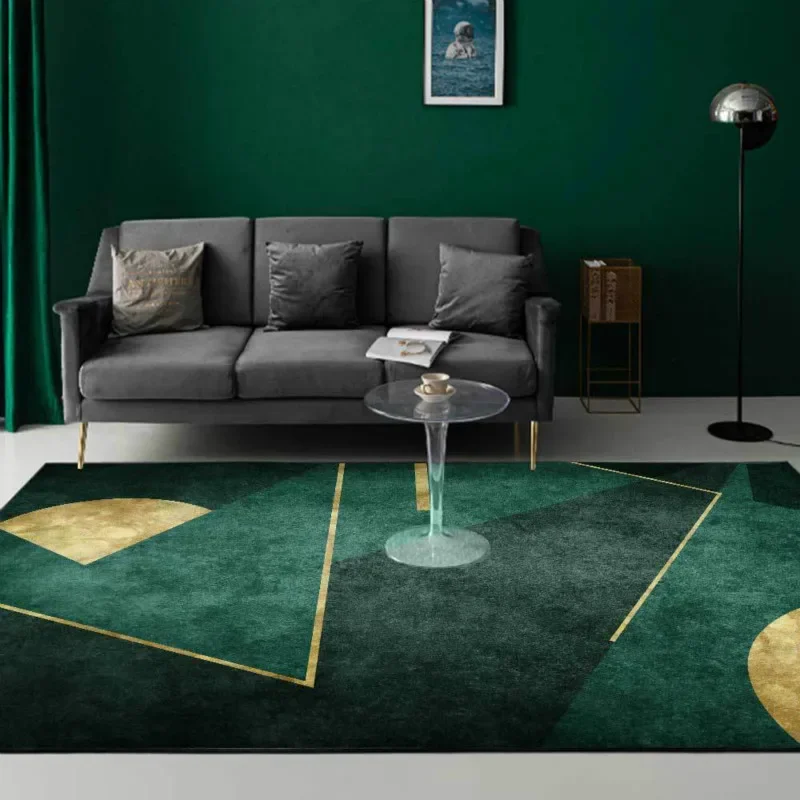 Light Luxury Emerald Dark Green Floor Mat, Simple Golden Geometric, Living Room, Bedroom Bedside Carpet, Customization