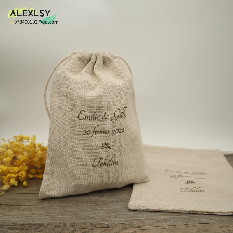 

Natural Linen Gift Pouch Jewelry Drawstring Bag Wedding Party Cosmetic Storage Sack Custom Logo Print Packaging Bags 50PCS