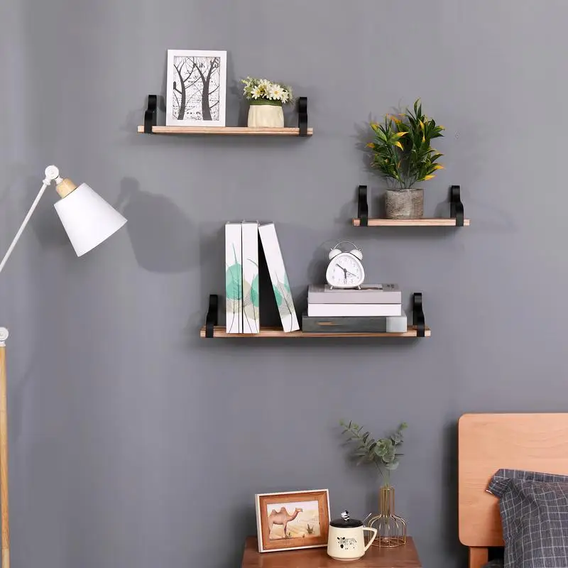 

Set of 3 Floating Wall Shelves, Long Mounted Shelving with Brackets for Bedroom, Living Room, Kitchen, Bathroom – Natural Wood