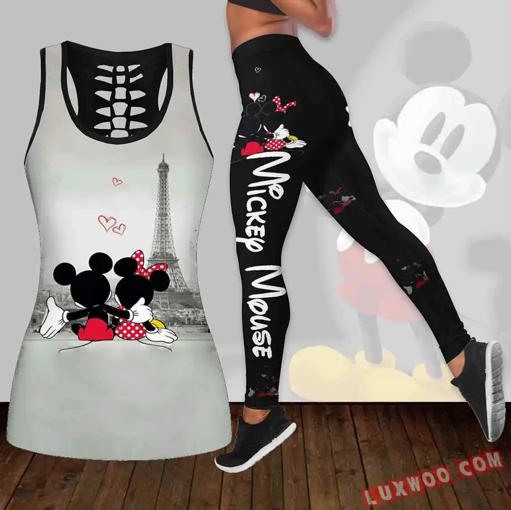 Disney Minnie Women\'s Hollow Vest + Women\'s Leggings Yoga Suit Fitness Leggings Sports Suit Disney Tank Top Legging Set Outfit