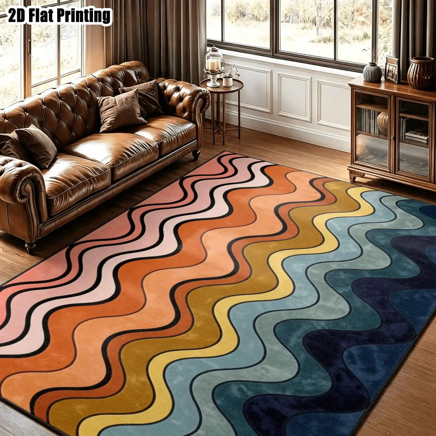 1Pc 2D Printed Pop Art Colorful Wave Carpets: Nordic, Instagram-Inspired, Modern Minimalist, Vintage, Geometric Striped Styles Multi-Size, Machine-Washable Home Decor Mats for Entryway, Dining Room, Foyer, Living Room, Bedroom.