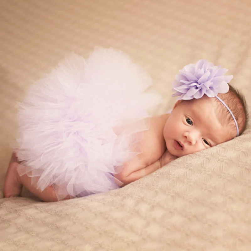 0-1Year Baby Photo Props Set Newborn Skirt Fluffy+Flower Headband Infant Photography Clothing Princess Dress