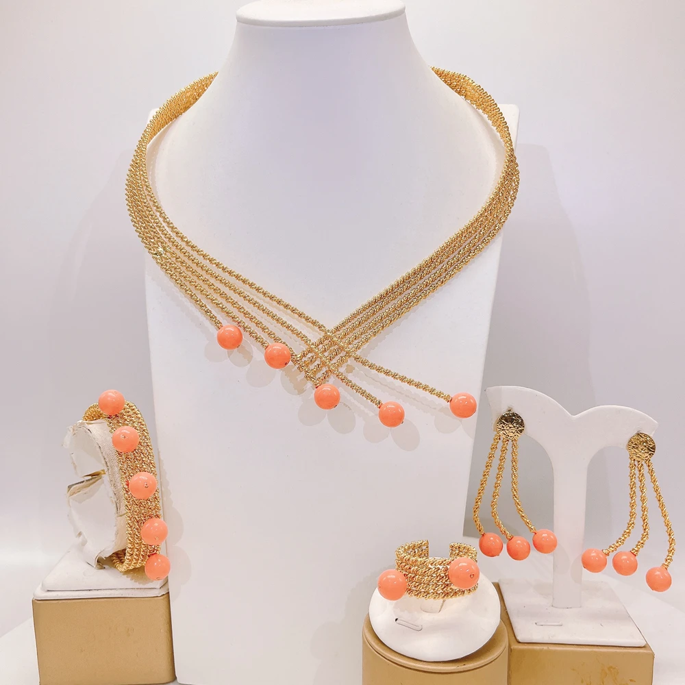 

Exquisite Red Beads Gold Plated Jewelry Set Necklace Earrings Bracelet Ring African Bridal Wedding Party Gift