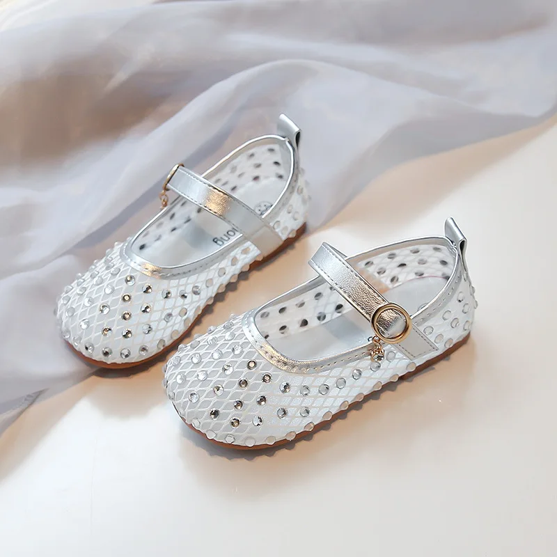 2026 Summer New Girls Flat Shoes Shiny Crystal Kids Princess Shoes Round Toes Elegant Kids Mesh Shoes Breathable Non-slip Soft