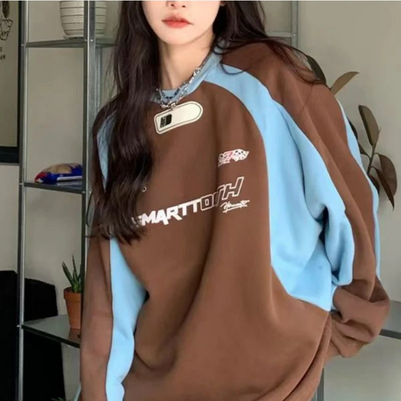 

Y2k Streetwear Patchwork O-Neck Hoodies Women Vintage Grunge Long Sleeve Korean Fashion Japanese Loose Sweatshirts Kpop Clothes