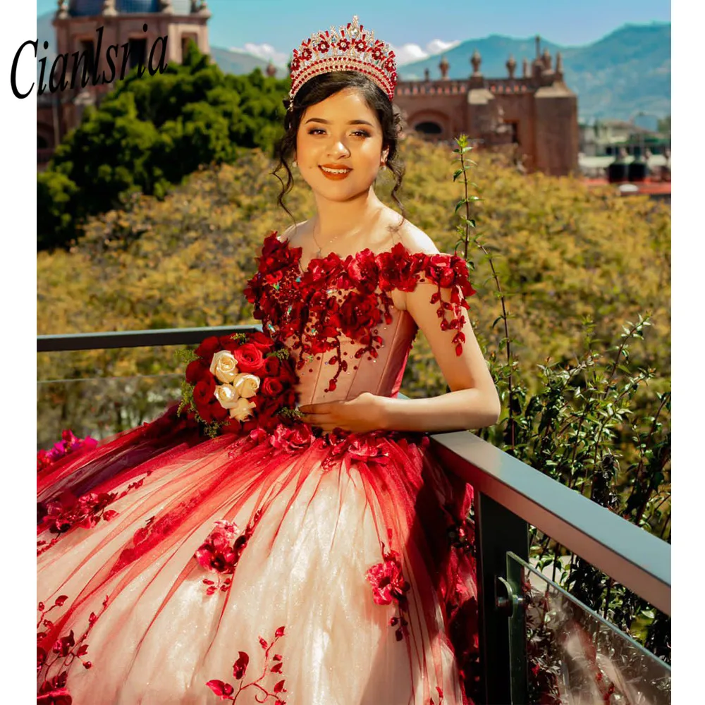 Vestido Rojo De fiesta sin hombros, flor 3D, quinceañera, princesa dulce, 16 Vestidos De 15 años