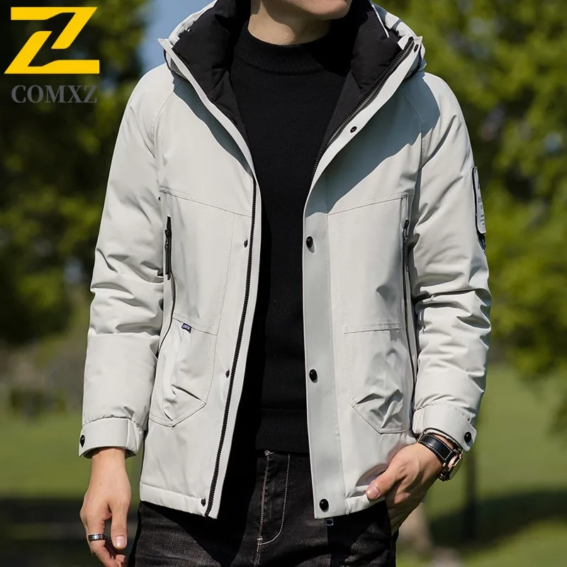 COMXZ Luxury Men Down Jacket Classic Hood Outdoor Working Cold Protection Puffer Jacket Leisure Business Comfortable Winter Coat
