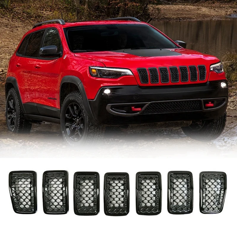 

Black Car Front Insert Mesh Grille Decoration Cover Front Radiator Inlet Grill Trim For Jeep Cherokee 2019 2020 2021