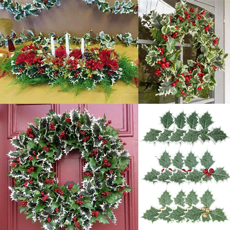 5/10 Uds. Hojas de acebo de Navidad bayas rojas artificiales DIY decoración de corona de flores de Navidad para el hogar regalos de Navidad de Año Nuevo Decoración