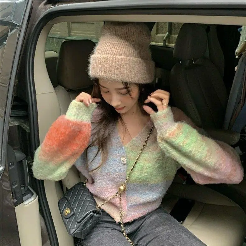 Korejpaa Tie Dye Gradient Striped Knitted Sweater Cardigans Streetwear Women V Neck Long Sleeve Top Jacket 2024 Autumn Clothes