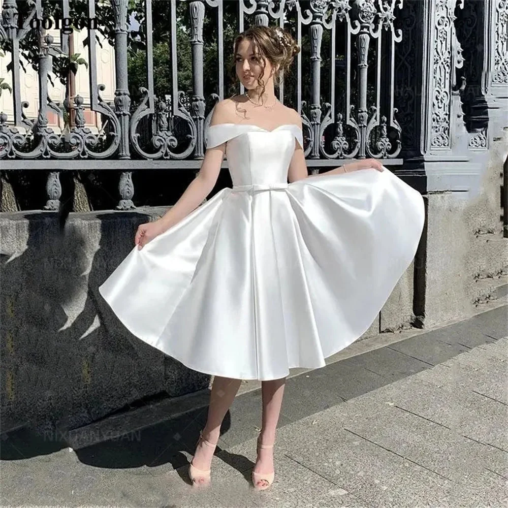 

Toofgon Strapless A Line Satin Wedding Dresses Off The Shoulder Corset Back Customized Bride Dress Tea-Length Short Bridal Gowns