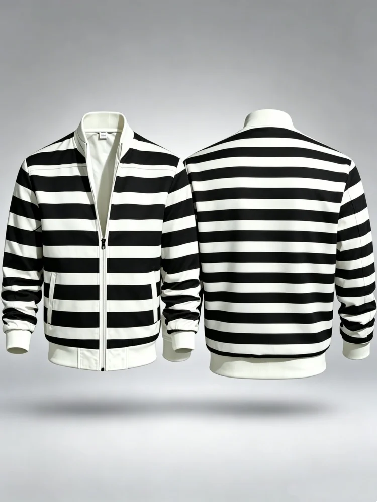 Men Slim Stand Collar Zip Bomber Jacket With Pockets Black White Horizontal Stripe Minimalist Casual Coat