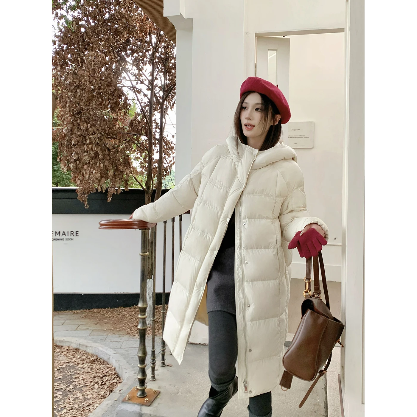 

Fleece-lined Hooded Puffer Jacket Women's Mid-length Bubble Feel White Apricot Color down Coat Korean Style Straight Cut