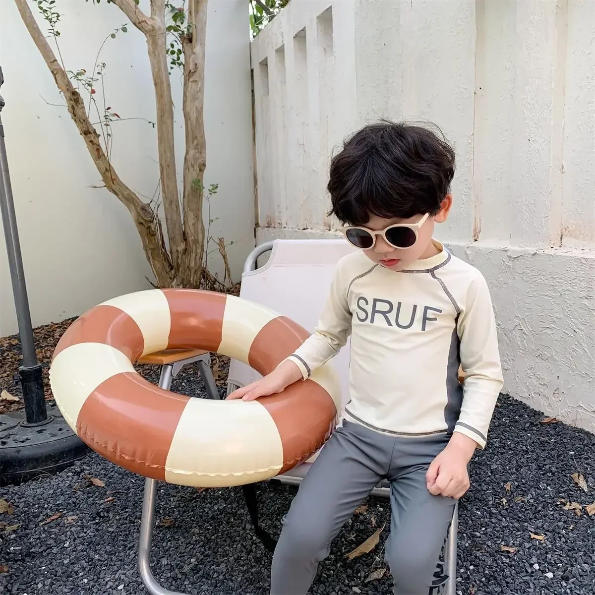 2026 Children's Summer Split Swimwear Sunscreen Boys and Girls Letter Sports Quick Drying Clothes Long Sleeved Top+pants Outfits