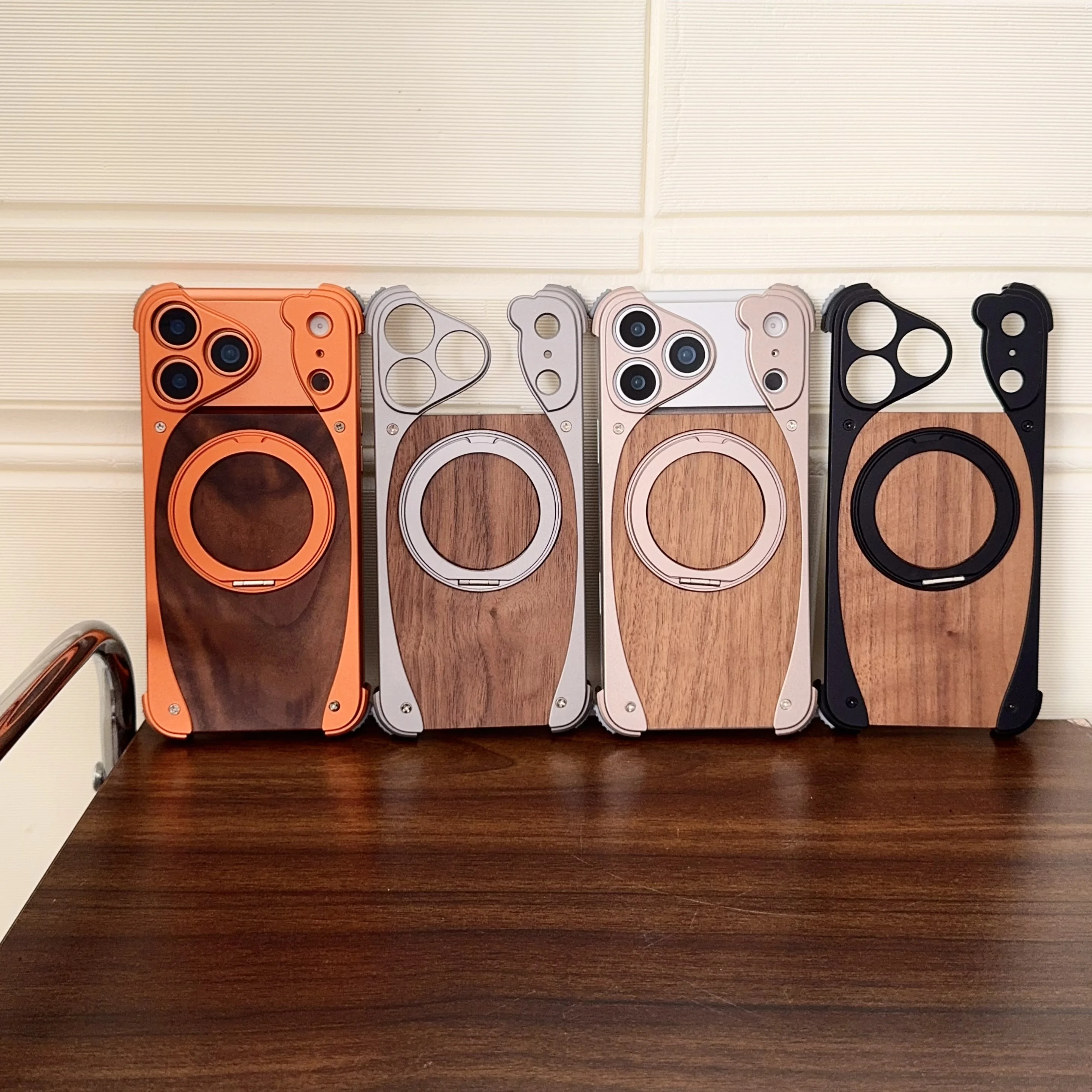 Luxury Metal Frame Walnut Wood Frameless Phone Case For iPhone 18 17 16 15 14 Pro Max Magsafe Magnetic Rotating Bracket Cover