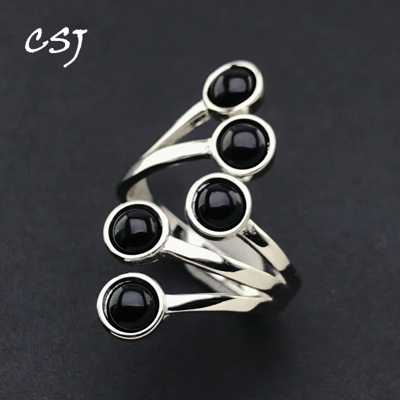 

CSJ Natural Black Agate Ring Sterling Silver Fine Jewelry Wedding Engagement Party for Women Lady Gift