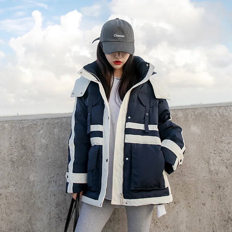 Winter Patchwork Duck Down Coat Women Korean Style Hooded Cargo Pockets Duck Down Puffer Jacket  двухсторонняя куртка JK-207