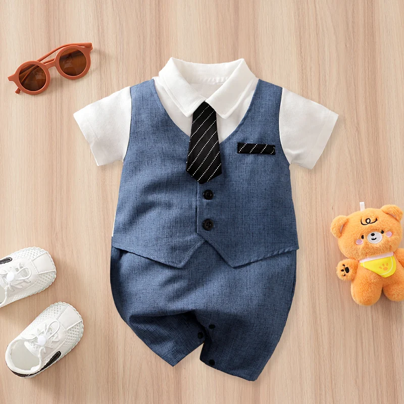 

Newborn Baby Boys Summer Gentleman Formal Fake Vest Tie Party Stylish Romper for 0-1M