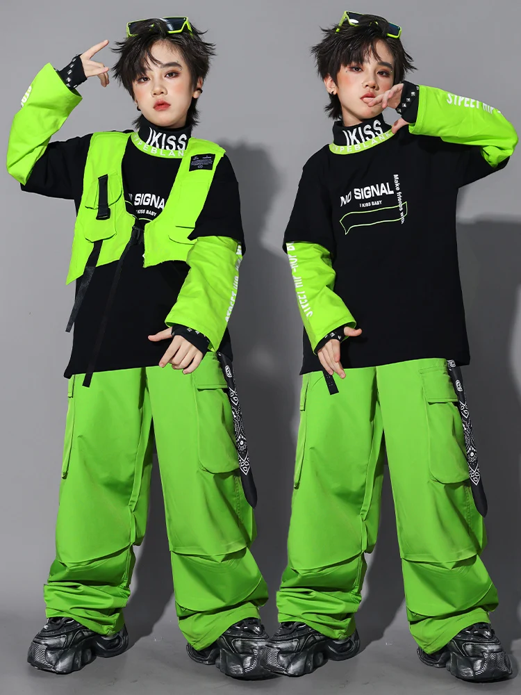 Costume de danse Hip Hop vert pour enfants, gilet et pantalon pour garçons, hauts à manches longues pour filles, vêtements de spectacle de danse de rue Kpop Y2K BL17822
