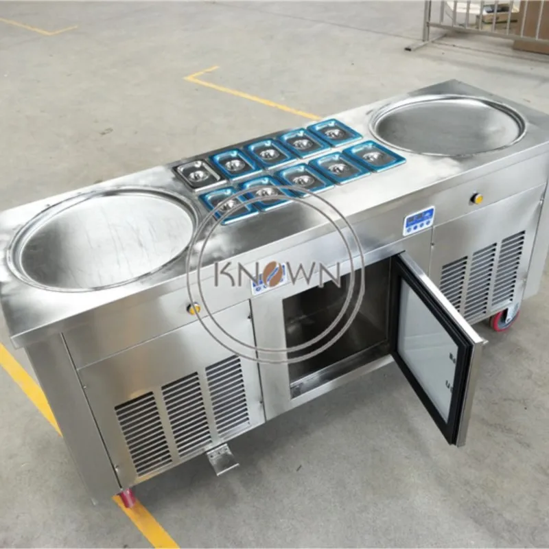 Electric Commercial Double Pans Rolls Fried Ice Cream Machine Frying Fruit Yogurt Ice Cream Rolled Machine With Refrigeration