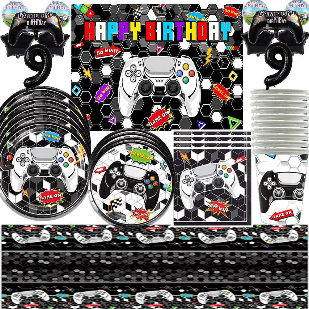 Black And White Video Game On Theme Birthday Party Disposable Tableware Plate Napkin Cup Kid Gift Level Up Game Balloon Backdrop