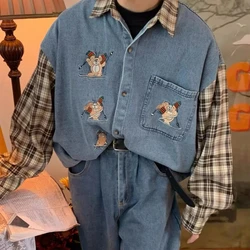 American Retro Cartoon Embroidered Checkered Patchwork Denim Shirt for Men and Women in Autumn Oversized Couple Shirt Jacket