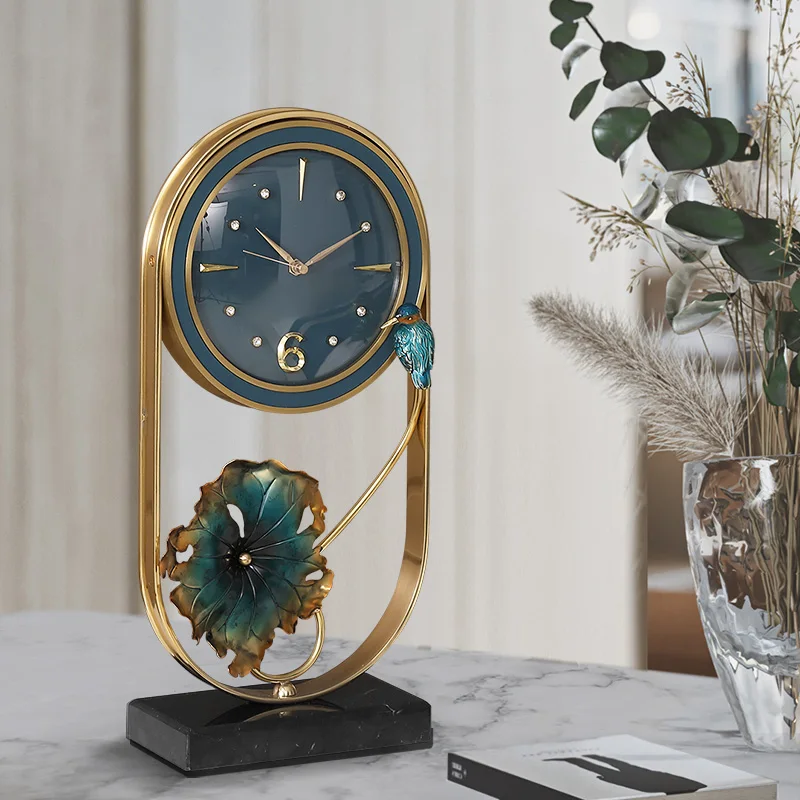 YY Emerald Green Mute Clock Lotus Magpie Desk Clock Living Room Copper Ornaments