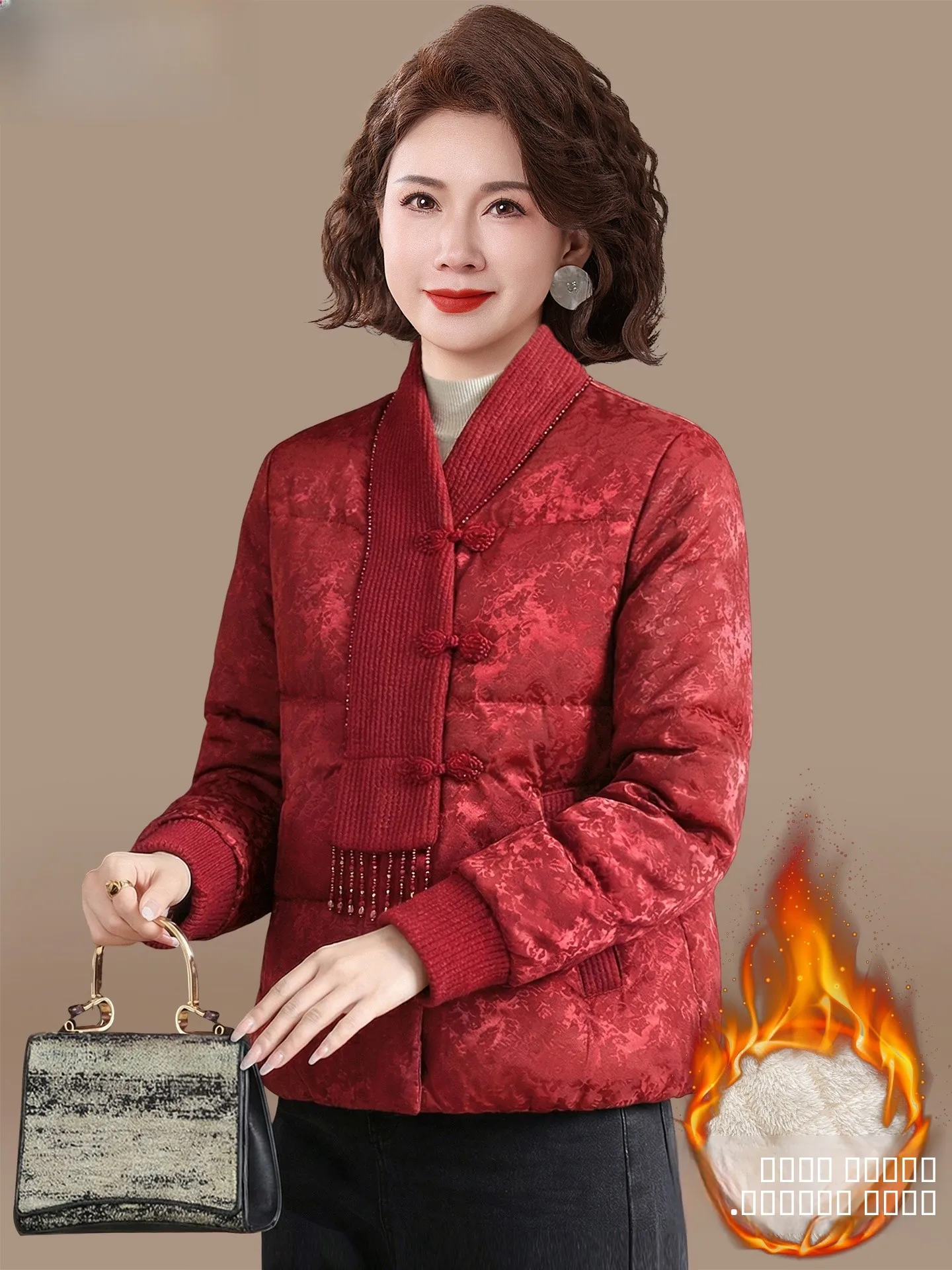 

Thiened down Cotton Jaet for Mom Winter Faionable Warm V-Ne Long Sve Coat Red Color for Middle-Aged And ly Women