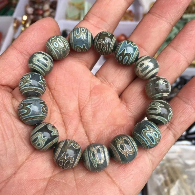 New style three-eyed Dzi bead abacus bead agate bracelet Buddhist prayer beads vintage style bracelet
