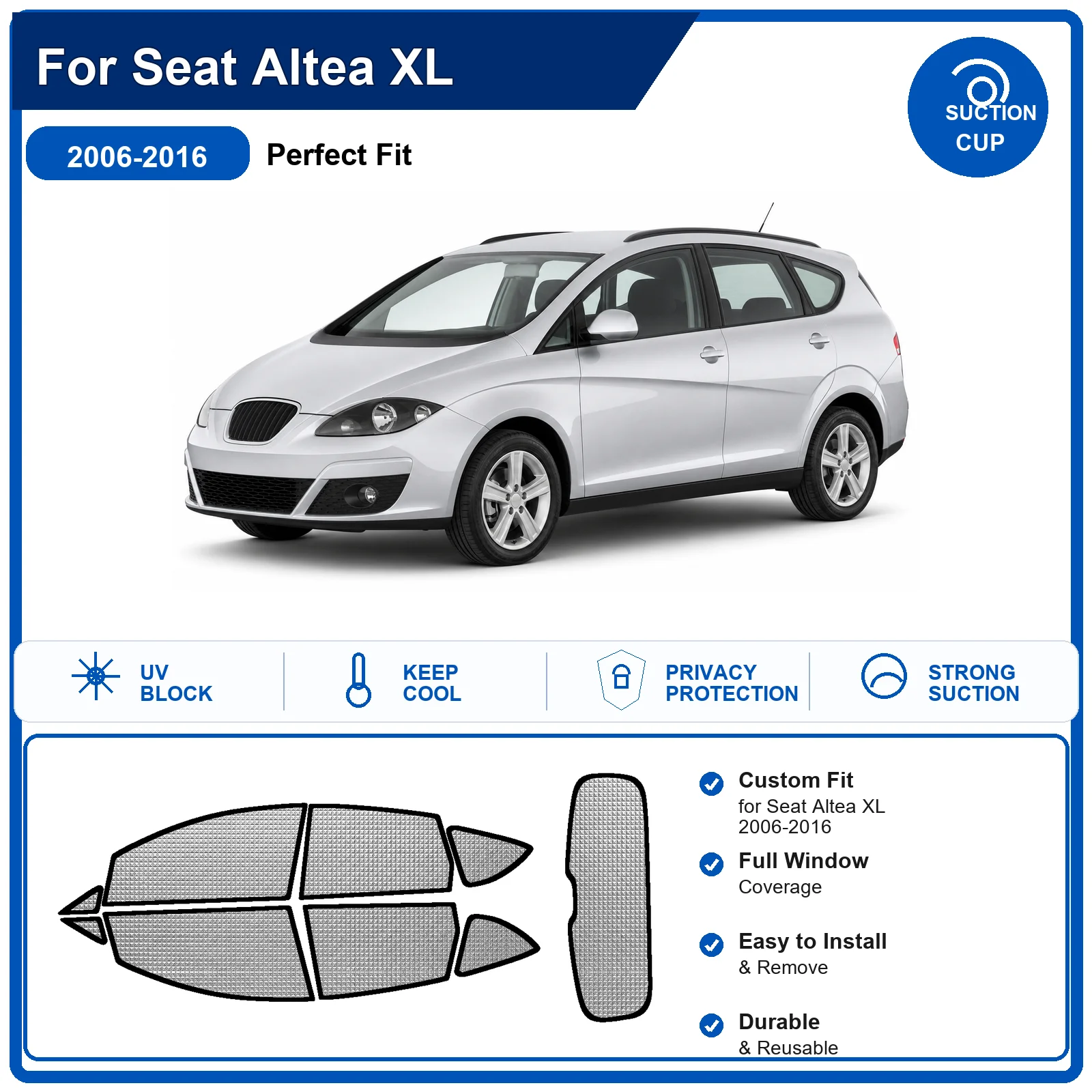 For Seat Altea XL 2006-2016 Custom Full Set Windshield Sun Shade Aluminum Foil Heat Insulation Anti UV Foldable