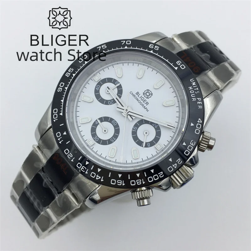 Bliger39mm quartz men\'s watch VK63 movement motion multifunctional time meter commercial sapphire Black white dial luminous inde