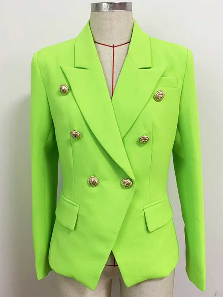 HIGH STREET Newest 2024 Designer Jacket Women\'s Classic Metal Lion Buttons Double Breasted Slim Fitting Blazer Neon Green