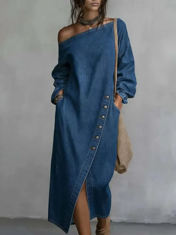 Vintage Casual Damen Denim Midi-Kleid, schulterfrei, lange Ärmel, locker geschnitten, diagonale Knöpfe, Schlitz am Saum, Taschendesign, Streetwear-Kleider