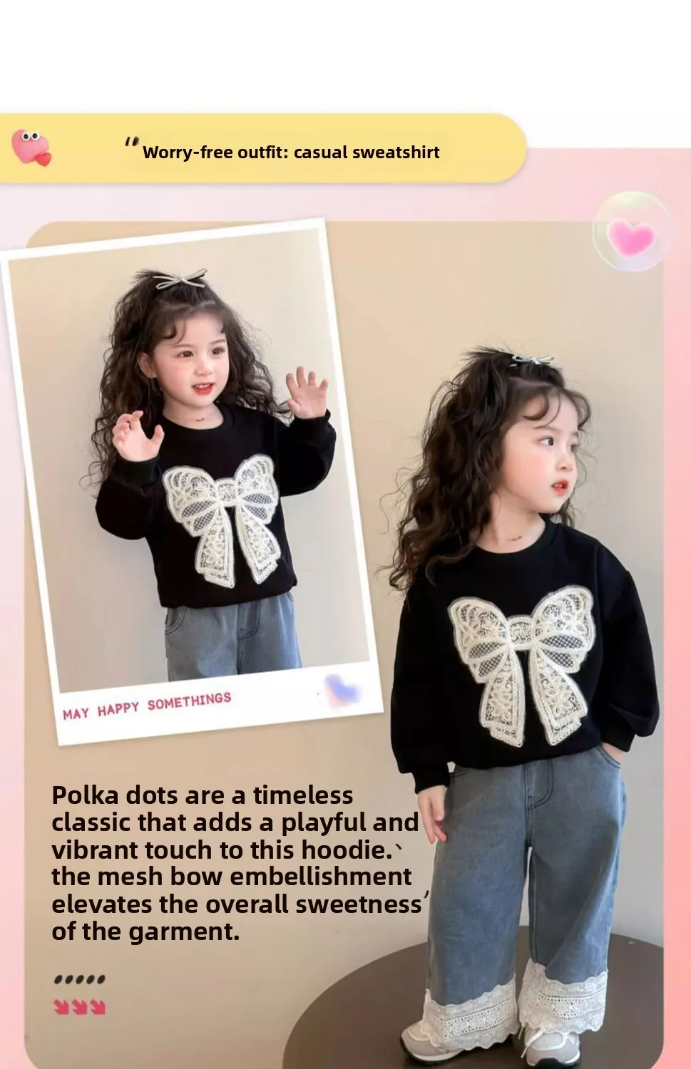 Kleinkind Mädchen Sweatshirt mit Großer Spitze und Schleife Lässiger Baumwoll-Pullover mit Punkten für Kleinkinder Rundhals Langarm Oberteil Kinderkleidung – Detail 4