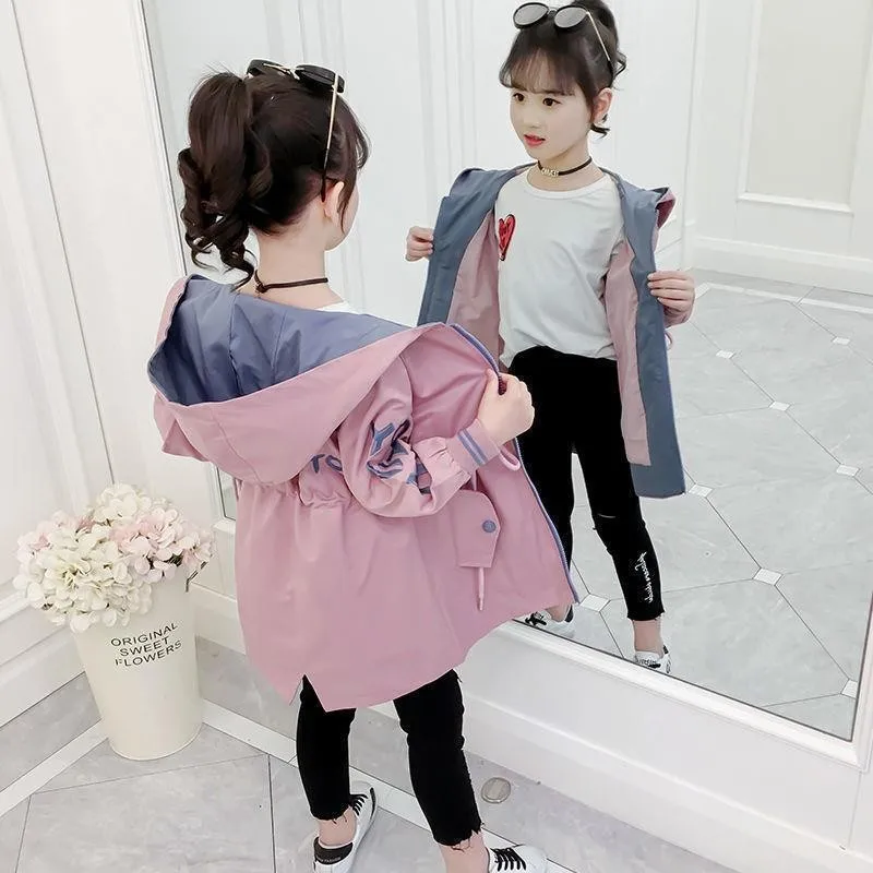 

Autumn Girls Waistband Trench Coats Spring Fashion Hooded Jackets Children Clothes New Casual Zipper Outerwear 4-12 Years Old