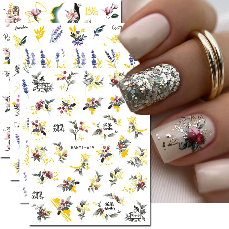 3d Nail Art Stickers Gold Lines Red Fruits Blossom Camellias Flowers Adhesive Sliders Nails Decals Decorations For Manicures