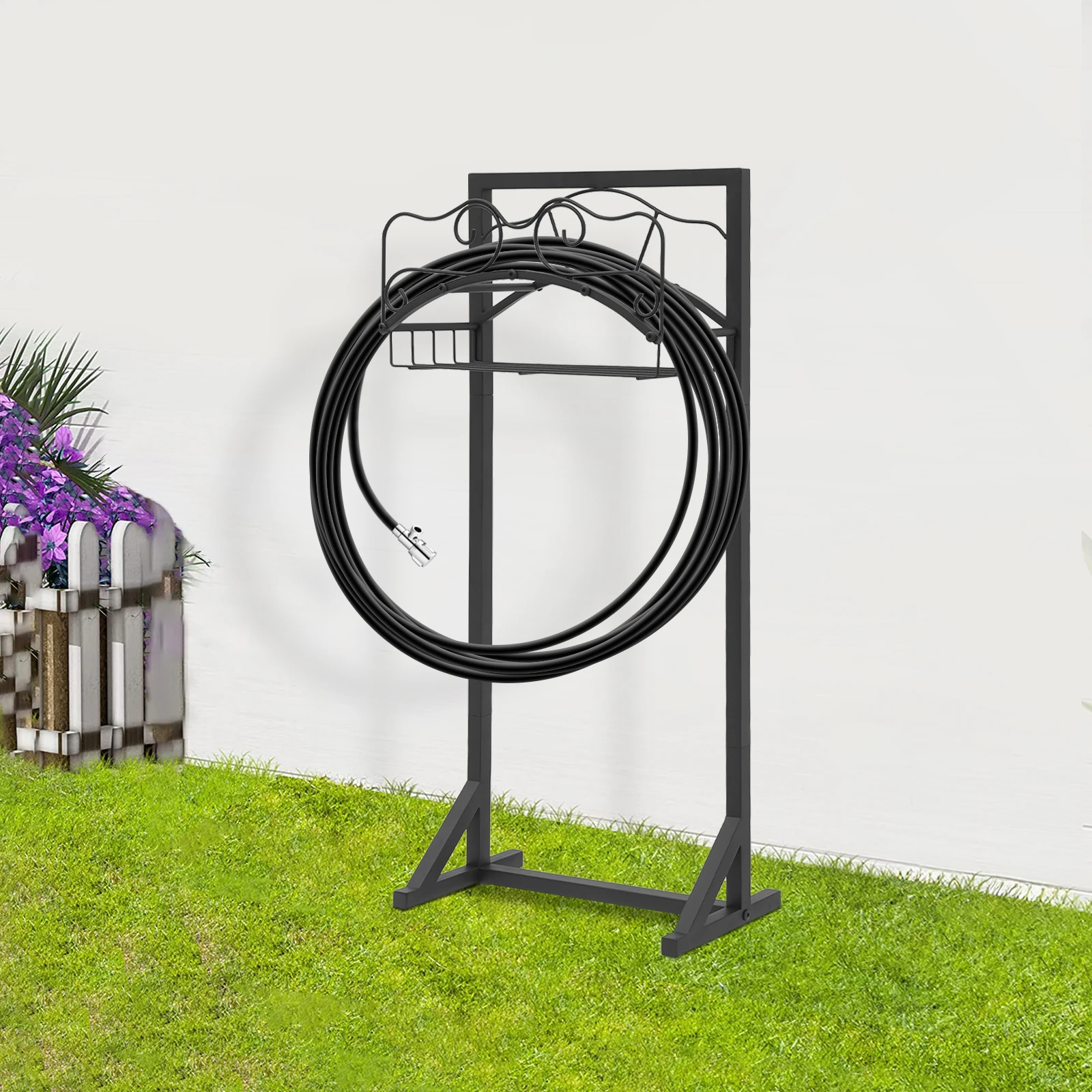 Robuster Gartenschlauchhalter aus Eisen mit Werkzeugablage, 50 Pfund Tragfähigkeit, rostbeständiger pulverbeschichteter Ständer, mobiler Wasserschlauchständer mit Rädern und Mehrzweck-Ablage für Rasen, Terrasse, Hinterhof. – Detail 5
