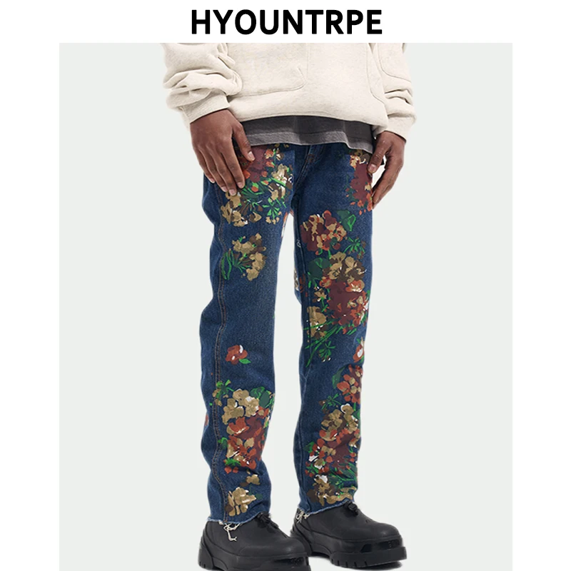 

Graffiti Floral Printed Denim Jean Mens New Casual Zipper Biker Jeans Fashion High-street Slim Fit Pants Joggers Hip Hop Jeans