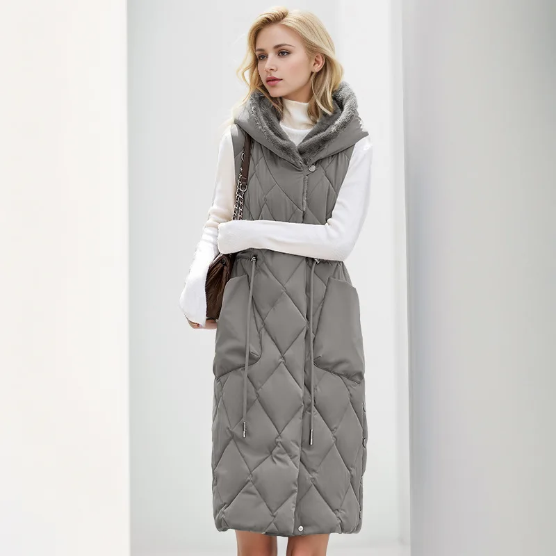 

2025 зимняя женская длинная хлопковая куртка на флисовой подкладке, женская бархатная куртка без рукавов с капюшоном и завязками на талии для женщин