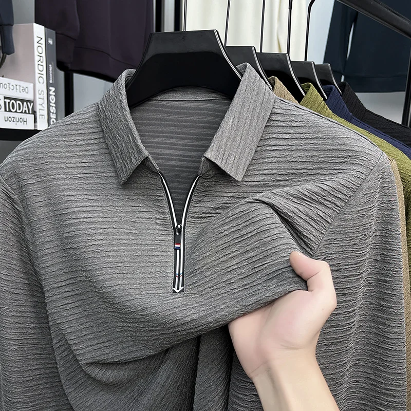 New Jacquard High-end Top Lapel Solid Color Versatile Casual Loose Semi-zipper Men's Pull-out T-shirt