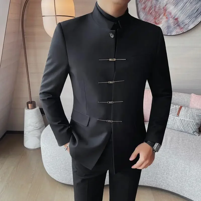 Chinese Style Stand Up Collar Suit Jacket for Men High Quality Mens Slim Fit Casual Social Wedding Dress Coat Men\'s Clothing