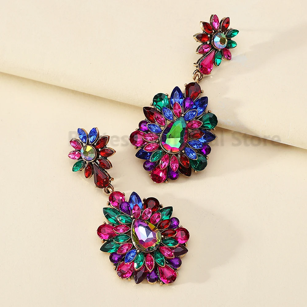Colorful Rhinestone Big Dangle Earrings For Women New Vintage Geometric Elegant Party Wedding Luxury Jewelry Piercing Pendientes